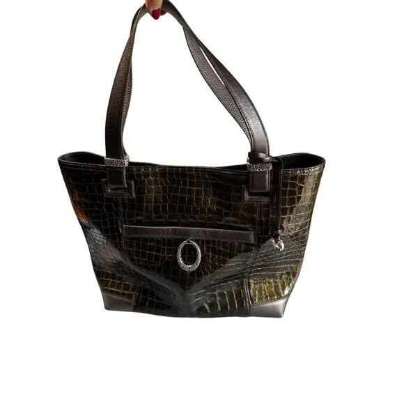 Brighton Jetson Laptop Tote Green Croc Embossed Patent Leather 14 Inch - Picture 2 of 12